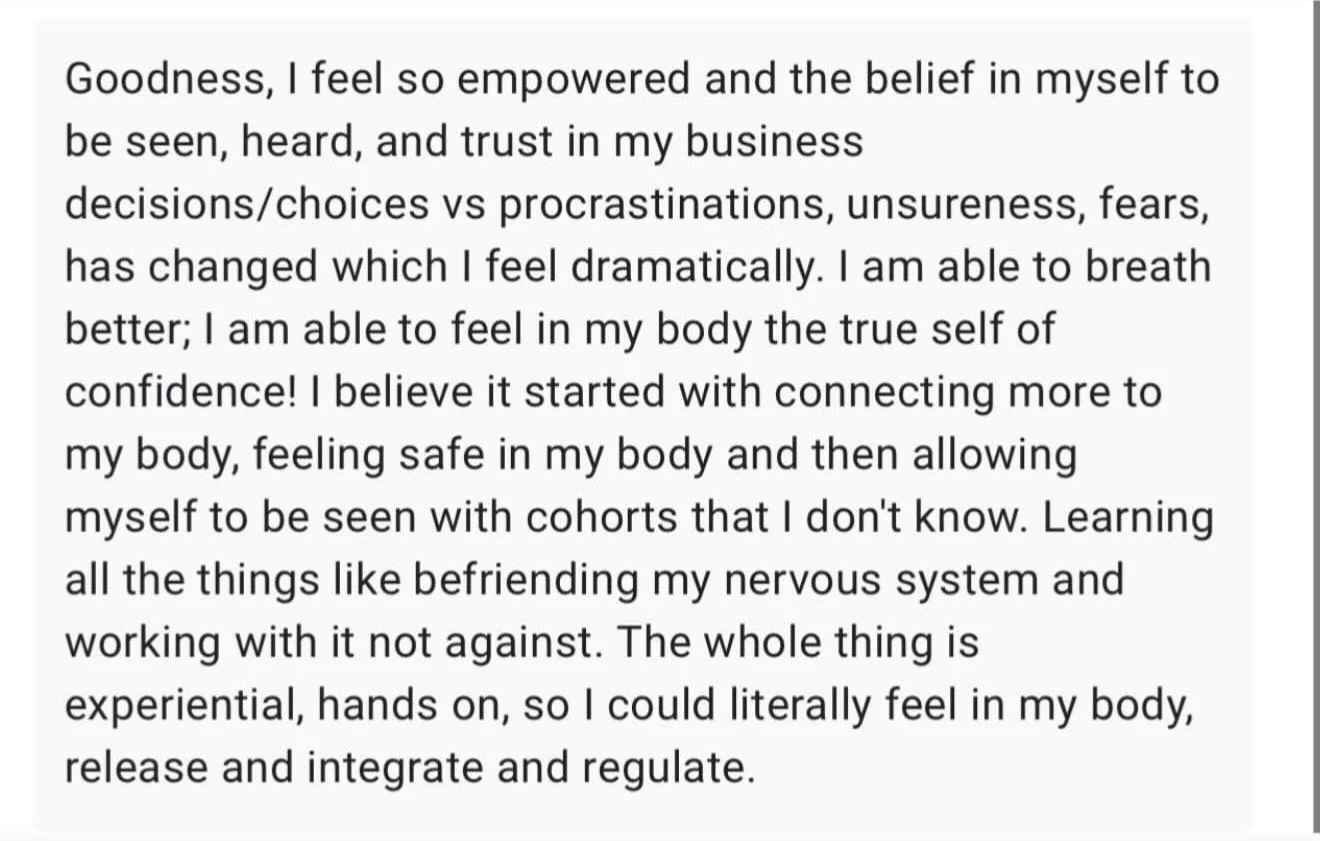 A paragraph of text expressing empowerment, confidence, and personal growth through connecting with one's body and mind.