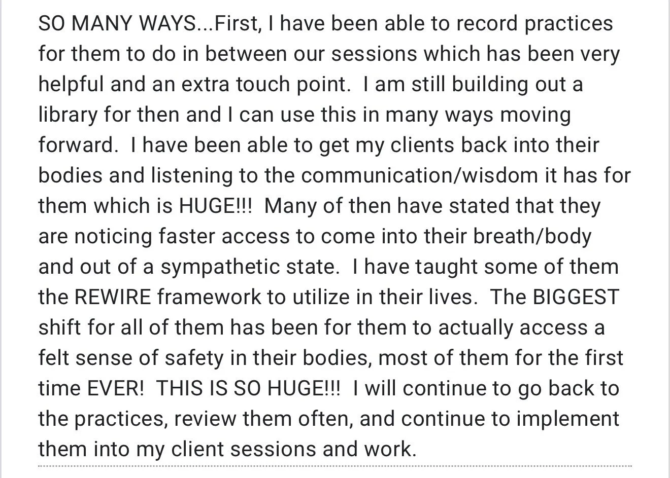 A paragraph of text discussing recording practices, building a library, client benefits, teaching the REWIRE framework, and emphasizing the importance of safety and continued practice.