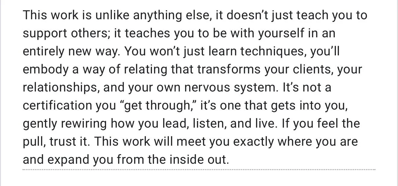 A page of printed text discussing the transformative and personal nature of a certain type of work, emphasizing self-awareness, relationships, and leading authentically.