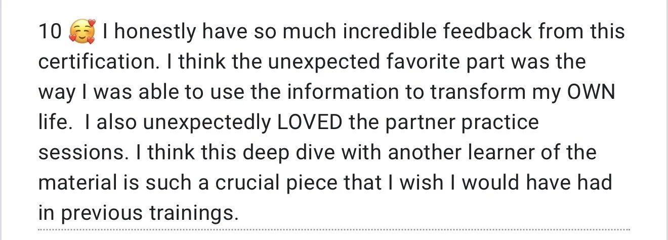 Screenshot of a positive review or feedback about a certification program, expressing satisfaction with the information learned and partner sessions.