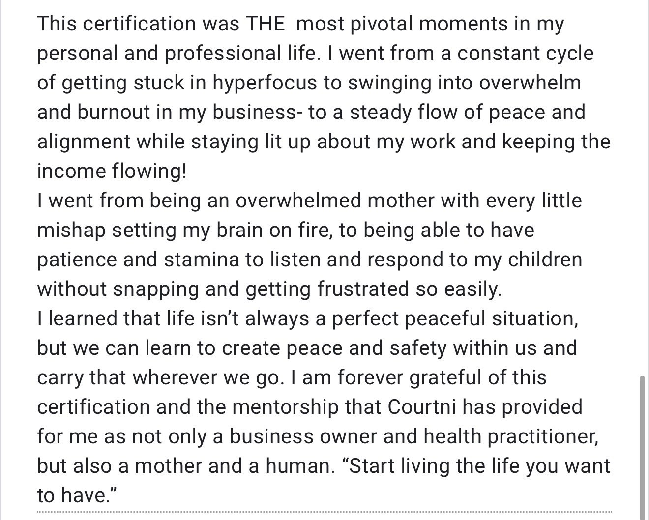 A page of text with a personal reflection about pivoting from stress and overload to peace and balance, thanking a mentor named Courtni.