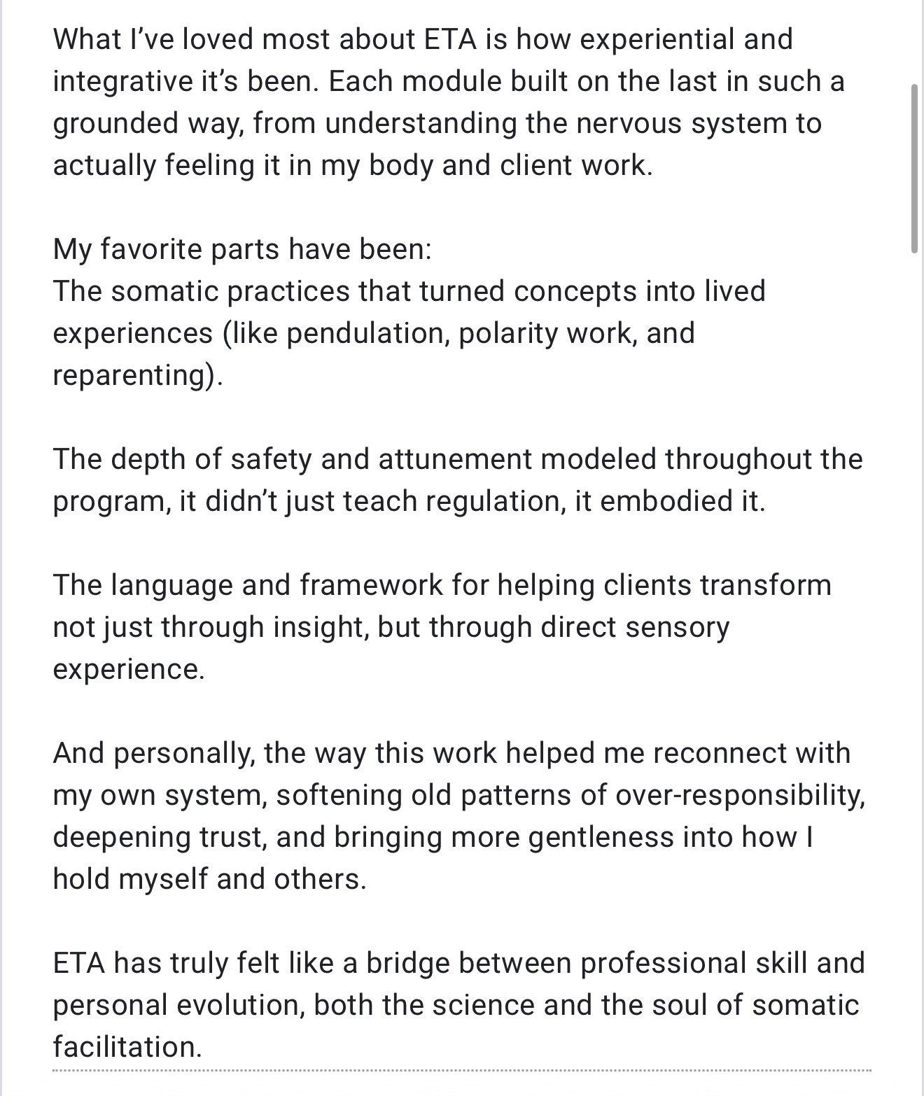 A screenshot of a text-based testimonial about ETA, describing personal growth, experiential learning, and the impact of somatic practices on therapy and self-awareness.