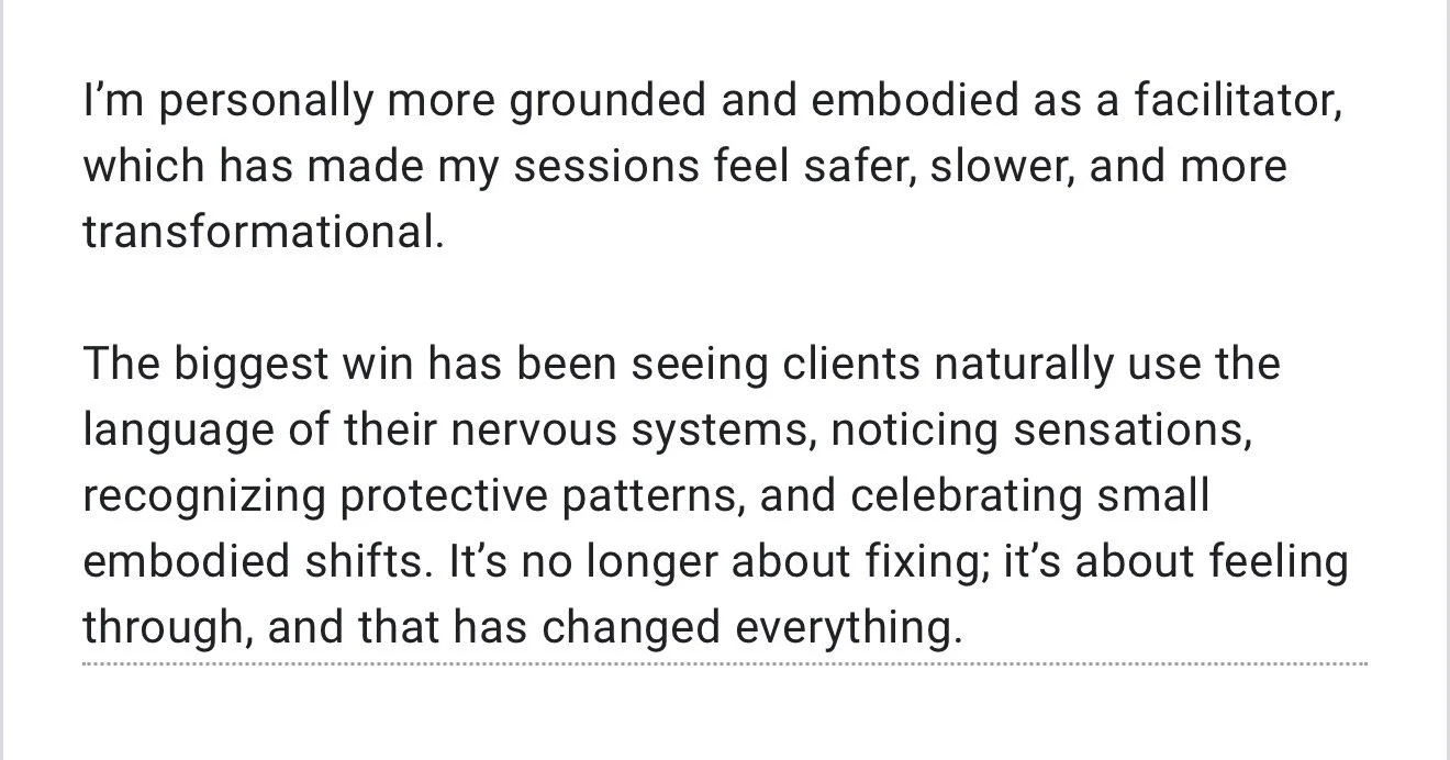 Text excerpt discussing the benefits of being grounded, using clients' nervous system language, recognizing patterns, and feeling through instead of fixing.