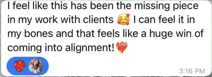 Text message expressing feelings of completion and alignment, with smiley face and heart emojis, and a message preview with a heart emoji and profile picture.