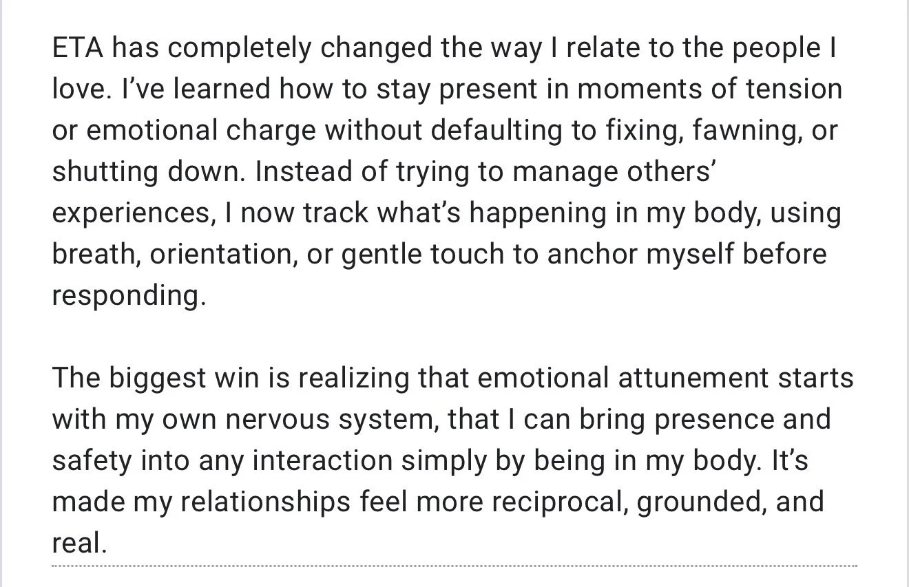 Text discussing emotional attunement and mindfulness, emphasizing staying present and grounding in one's body.