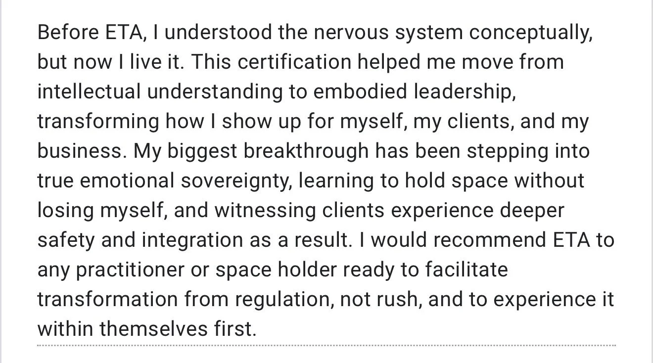 Text of a quote about the impact of a certification called ETA on personal growth and emotional sovereignty, emphasizing transformation and client experience.