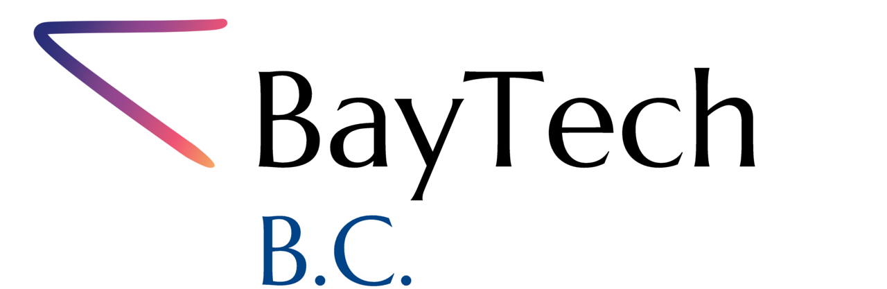 Close-up of a logo with the words "BayTech" and blue letters with 'B.C.' underneath.