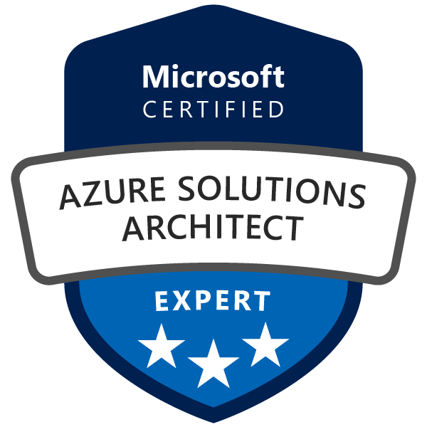 Microsoft Certified Azure Solutions Architect Expert badge with blue and white design.