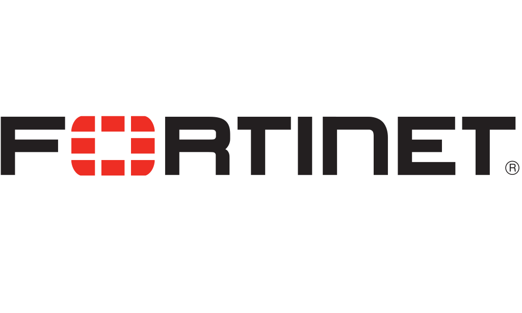 Fortinet logo with the word 'Fortinet' in black and a red design resembling a shield or grid in place of the letter 'O' on a white background.