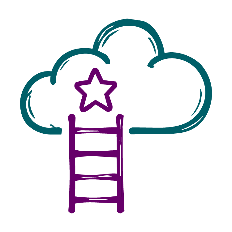 Icon of a cloud with a ladder leaning against it. there is a star on top of the ladder