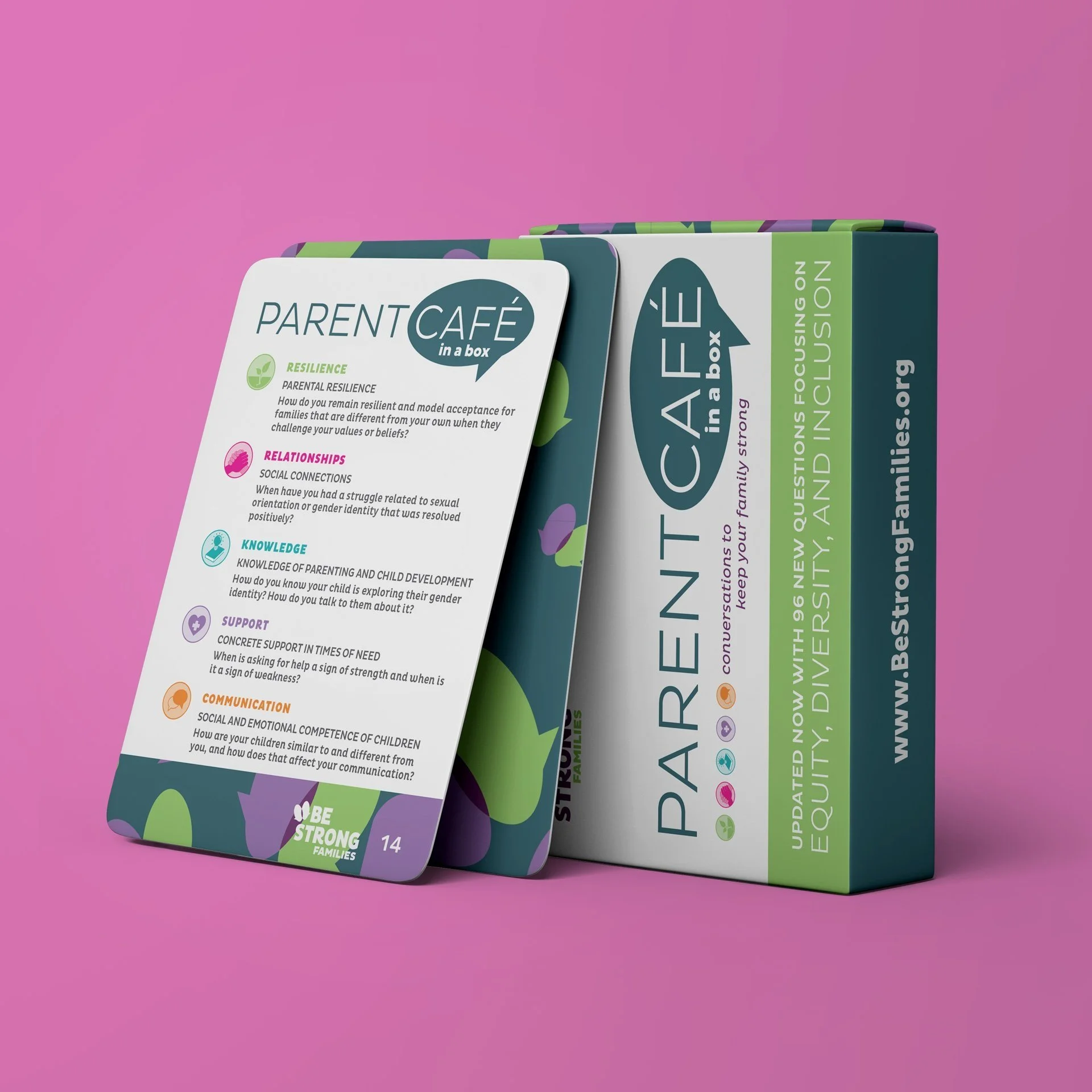 Open boxes of educational cards about family resilience and parenting, with colorful illustrations, set against a pink background.