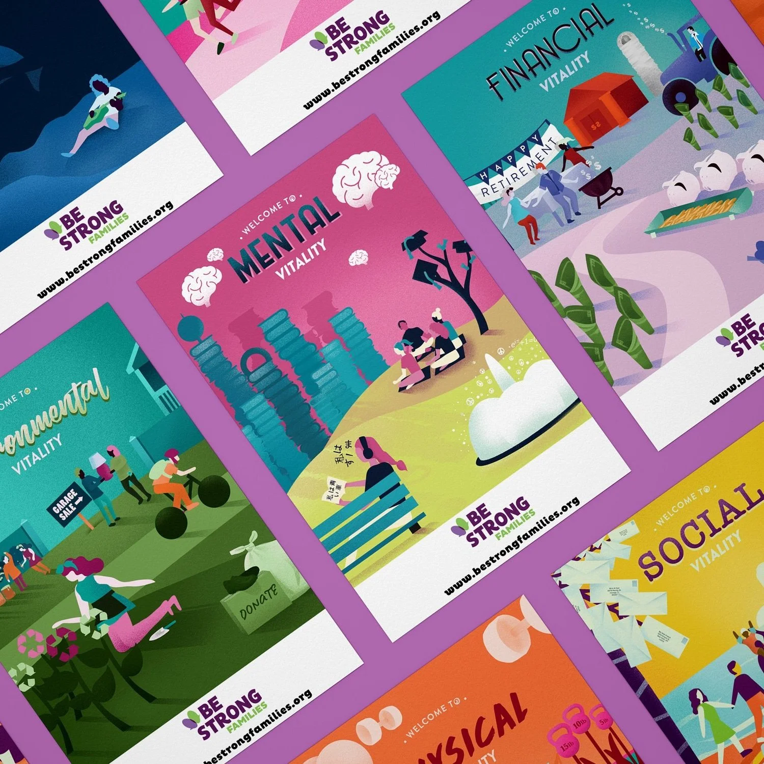 A collage of colorful illustrated posters promoting mental, social, financial, and physical vitality, with activities like rock climbing, retirement planning, cycling, and donations, all from 'Be Strong Families'.