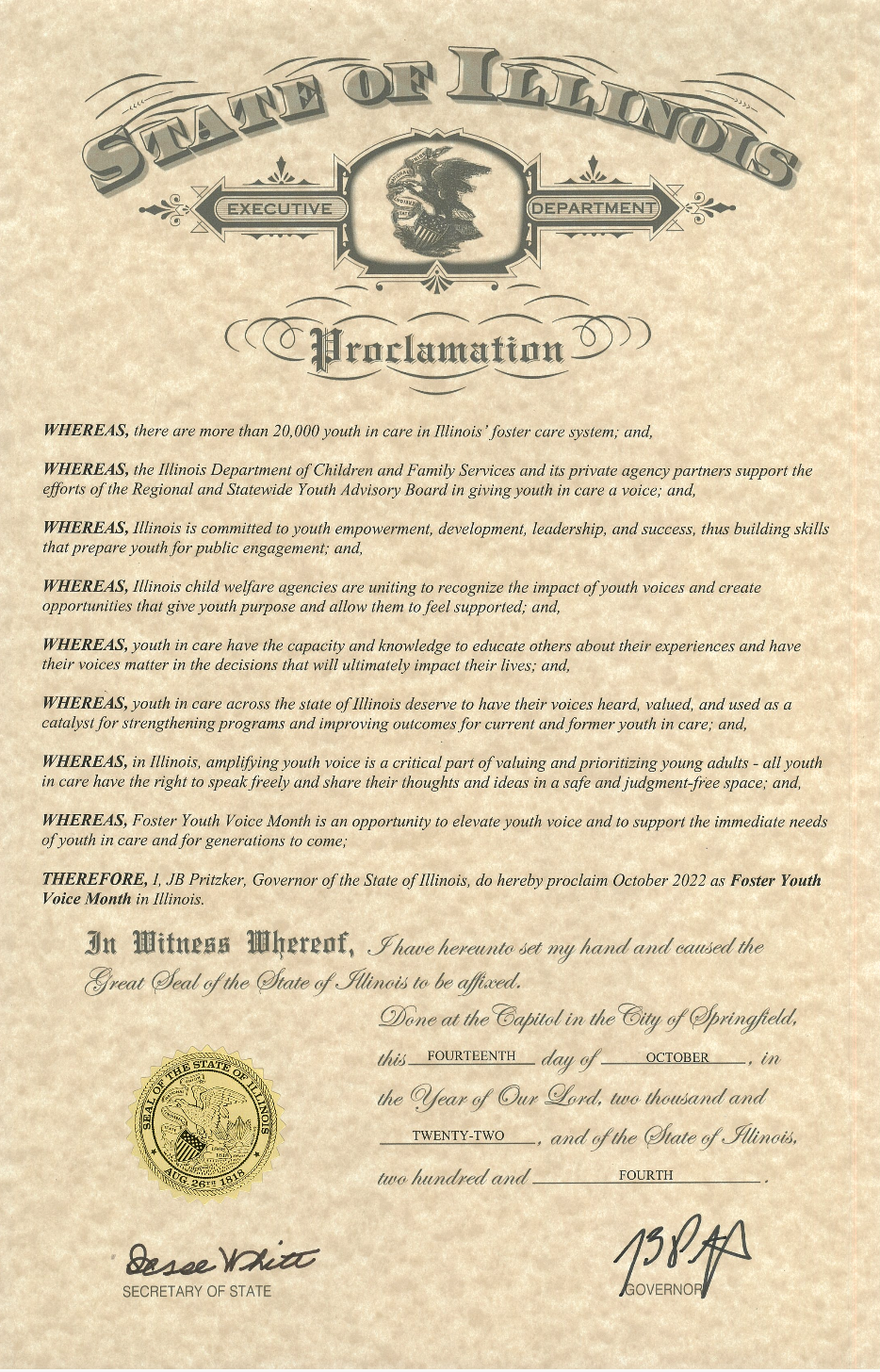 The Statewide Youth Advisory Board's Draft Proclamation was Signed by the Governor