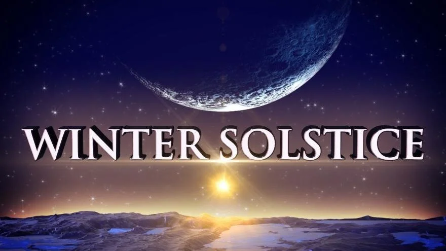WINTER SOLSTICE text with sun and moon over mountains