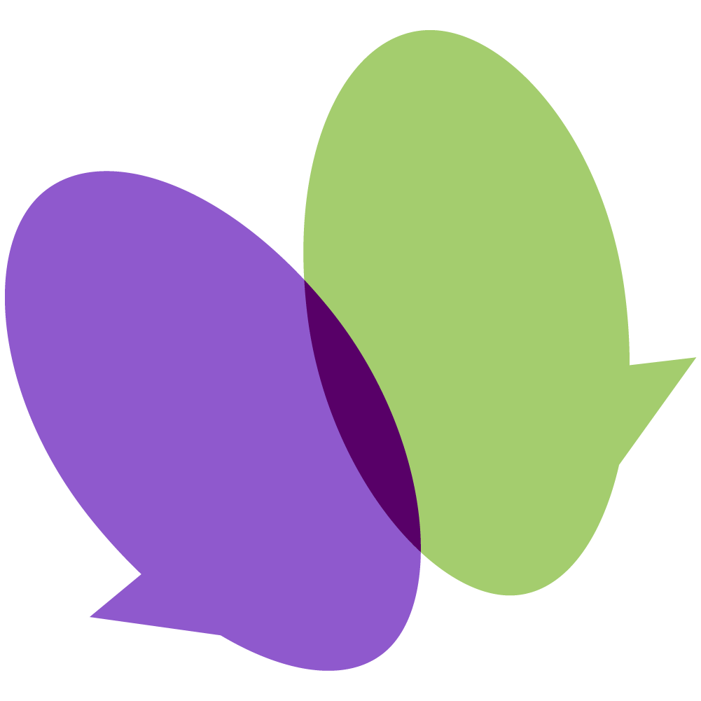 An abstract graphic with two overlapping speech bubbles, one purple and one green, on a black background.