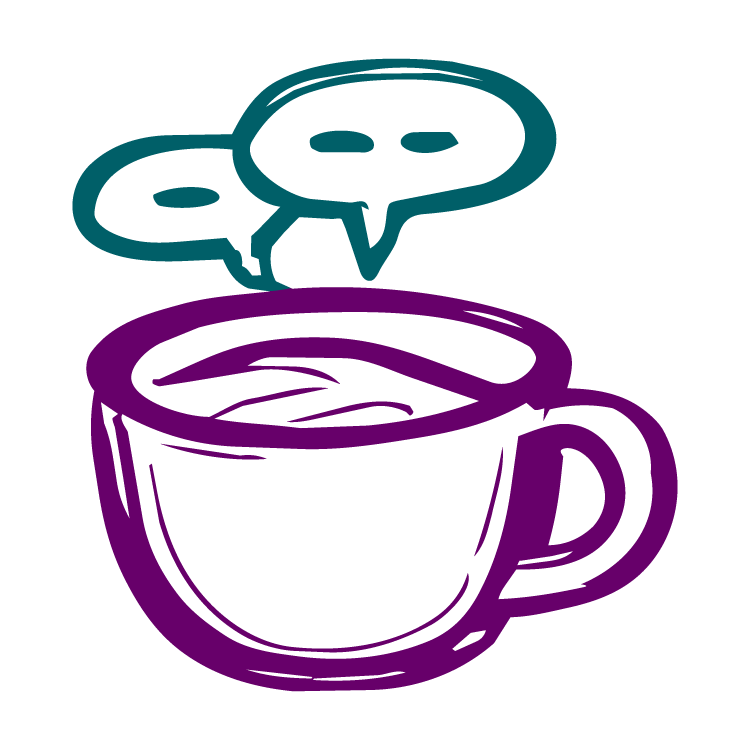 Illustrated icon of a coffee mug with steam in the shape of two speech bubbles