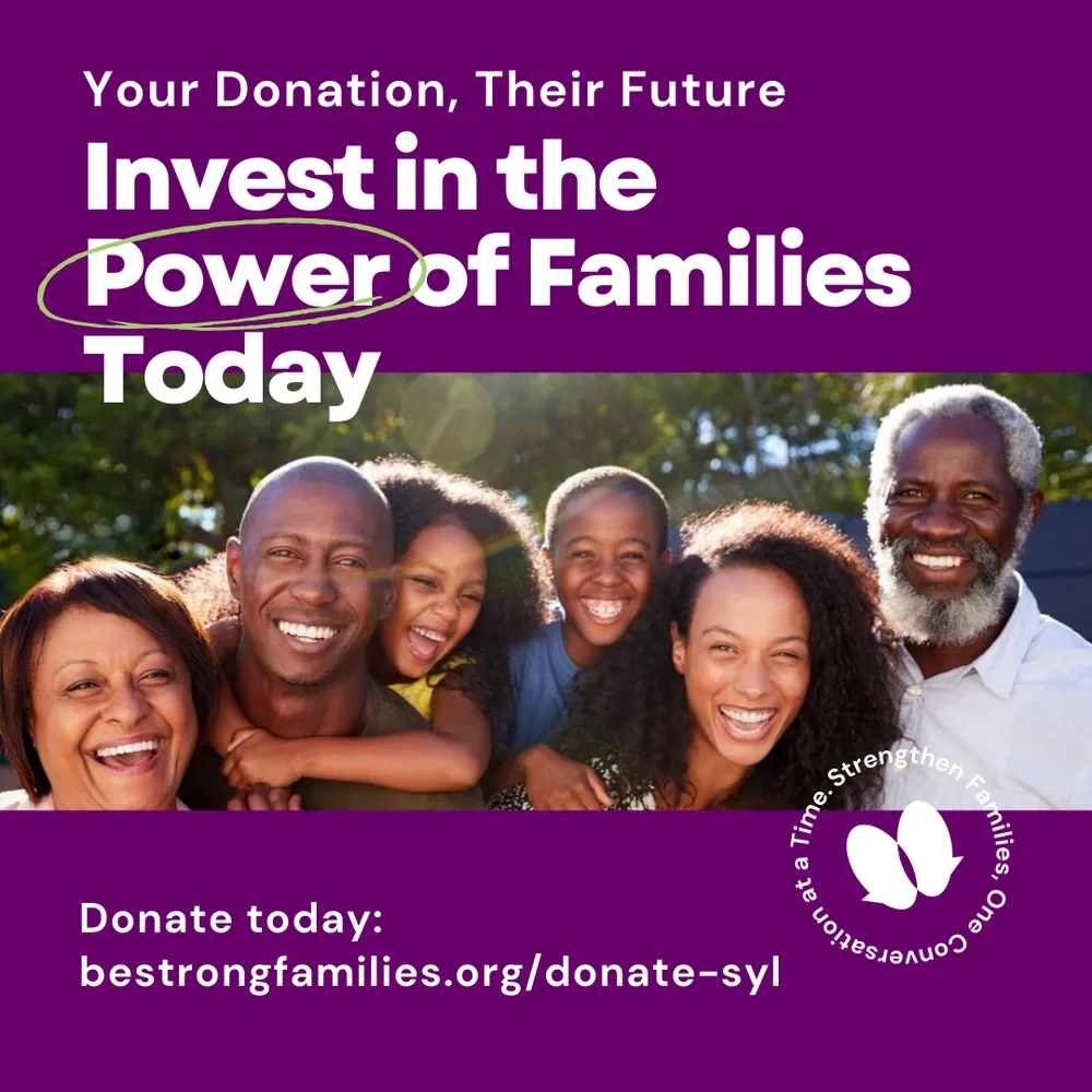 A diverse group of smiling people including adults and children outdoors, with a purple banner at the top and bottom promoting donations to strengthen families, featuring a butterfly logo.