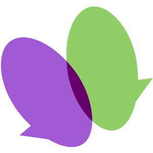 Illustration of two overlapping speech bubbles, one purple and one green.