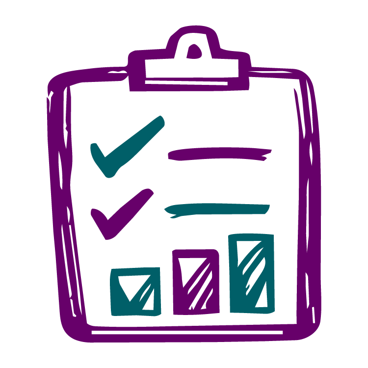 Illustrated icon of a clipboard with checkmarks and bar graphs on it on it