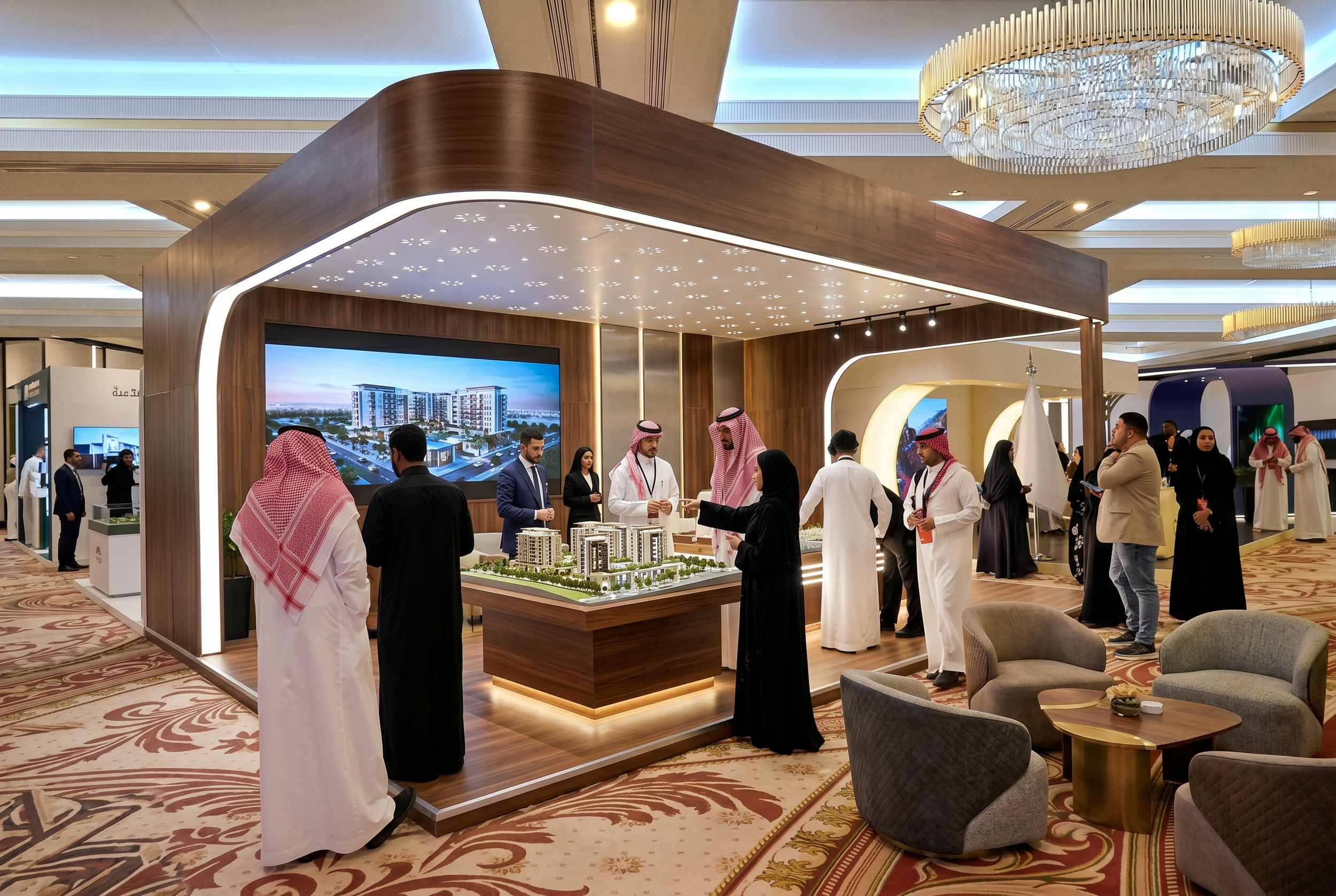 People in traditional Middle Eastern attire and Western business clothing at a real estate exhibition, looking at a scale model of a building development.