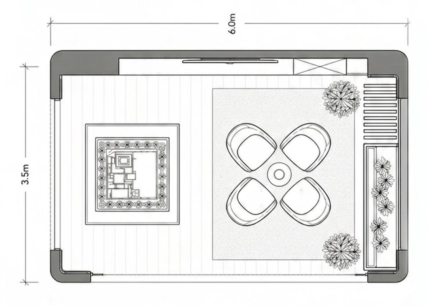 Floor plan of a room measuring 6 meters by 3.5 meters, with a seating area featuring four chairs and a small table in the center, an indoor plant arrangement along one wall, and a decorative framed artwork on the opposite wall.
