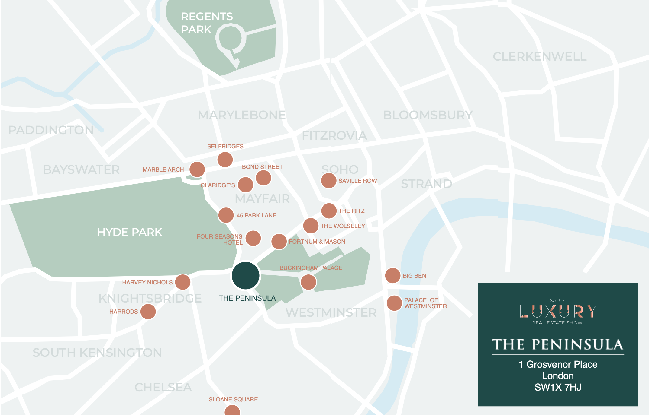 Map of the Kensington area in London highlighting various landmarks and locations, including Hyde Park, The Peninsula hotel, and other points of interest.