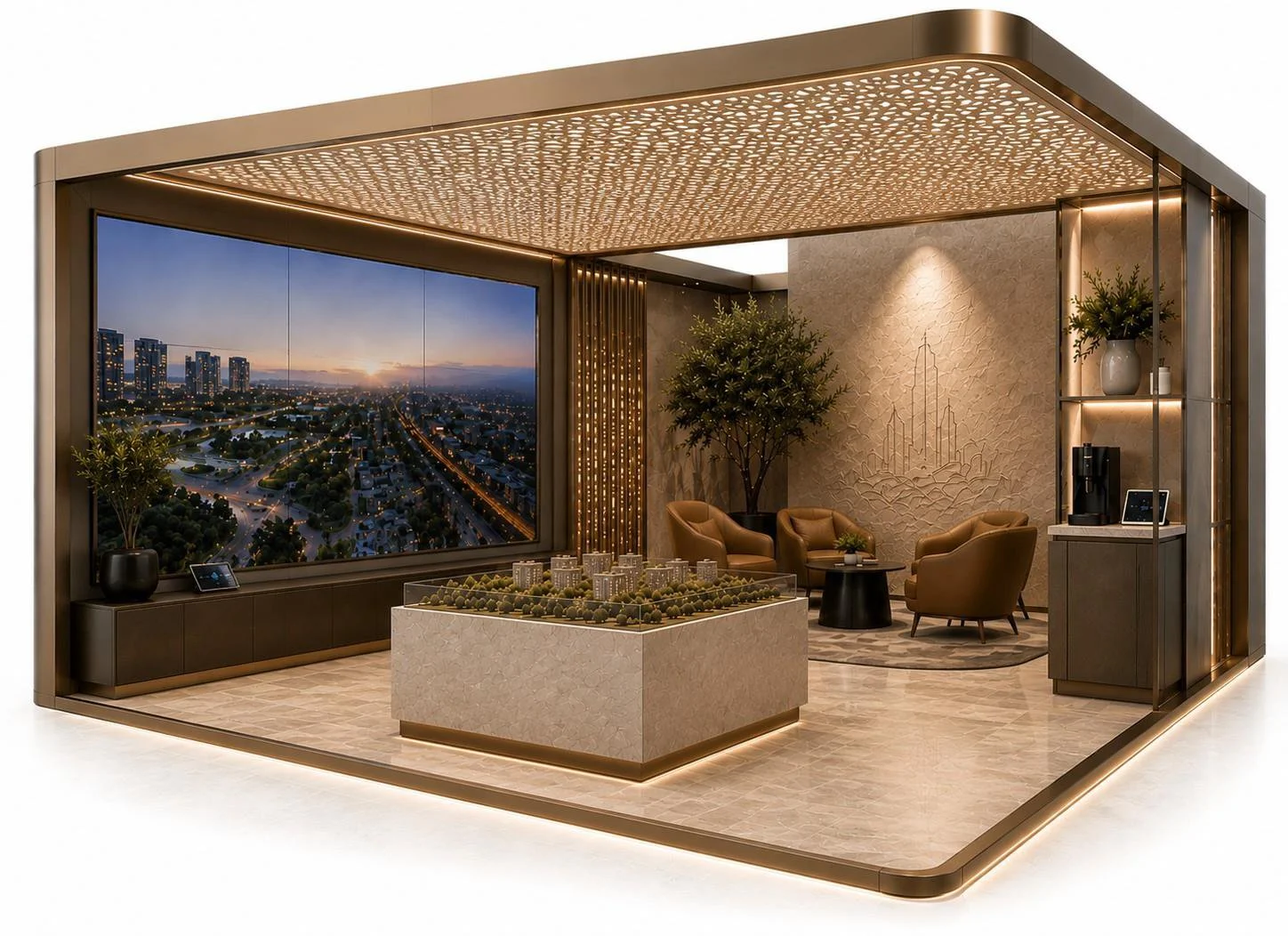 Model of a modern apartment living room with a large window showing a city skyline at sunset, featuring beige and brown furniture, plants, a coffee station, and a detailed cityscape model.