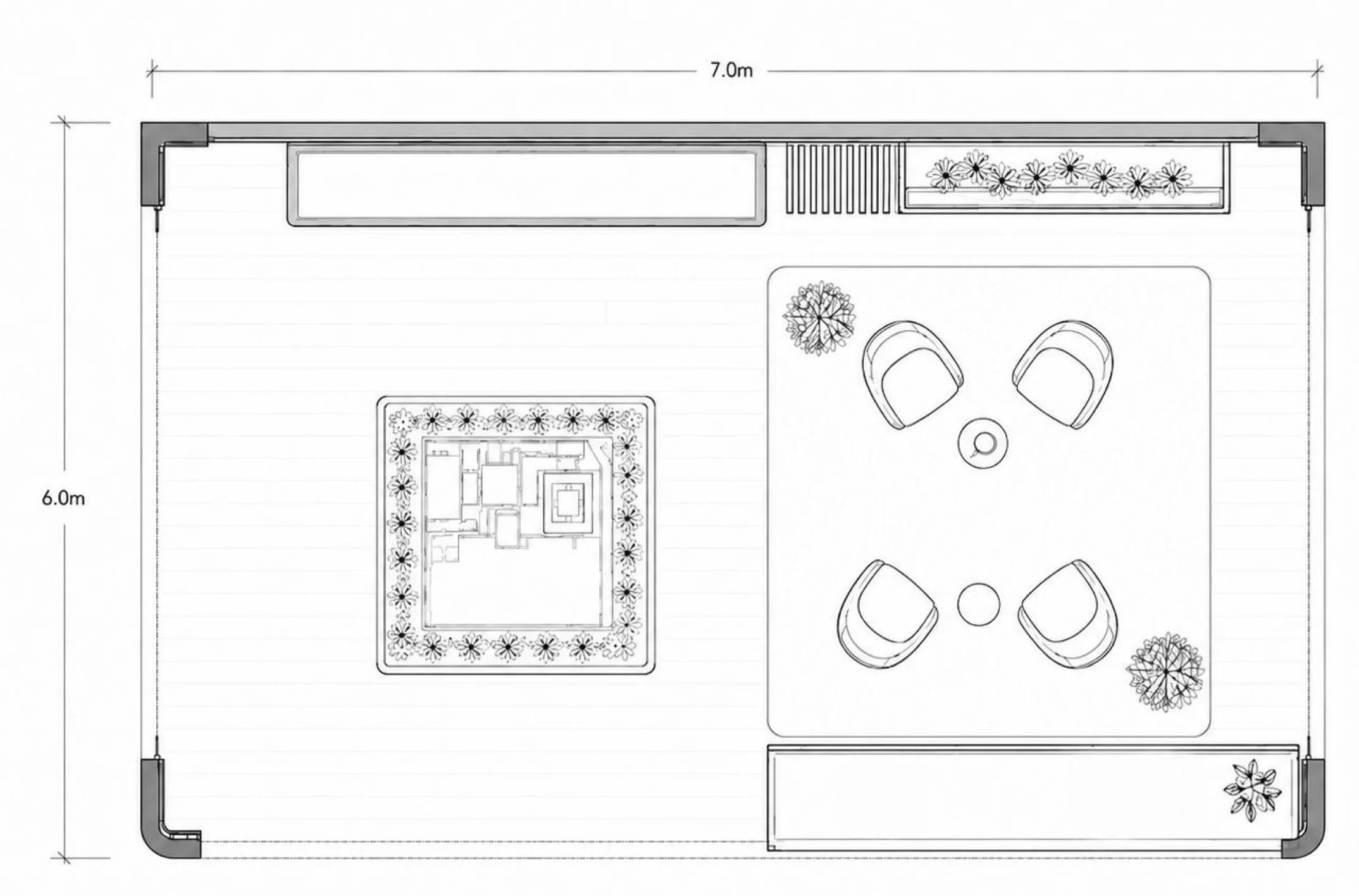 Floor plan of a garden layout featuring a patio with four chairs and a central table, surrounded by various plants and decorative elements.
