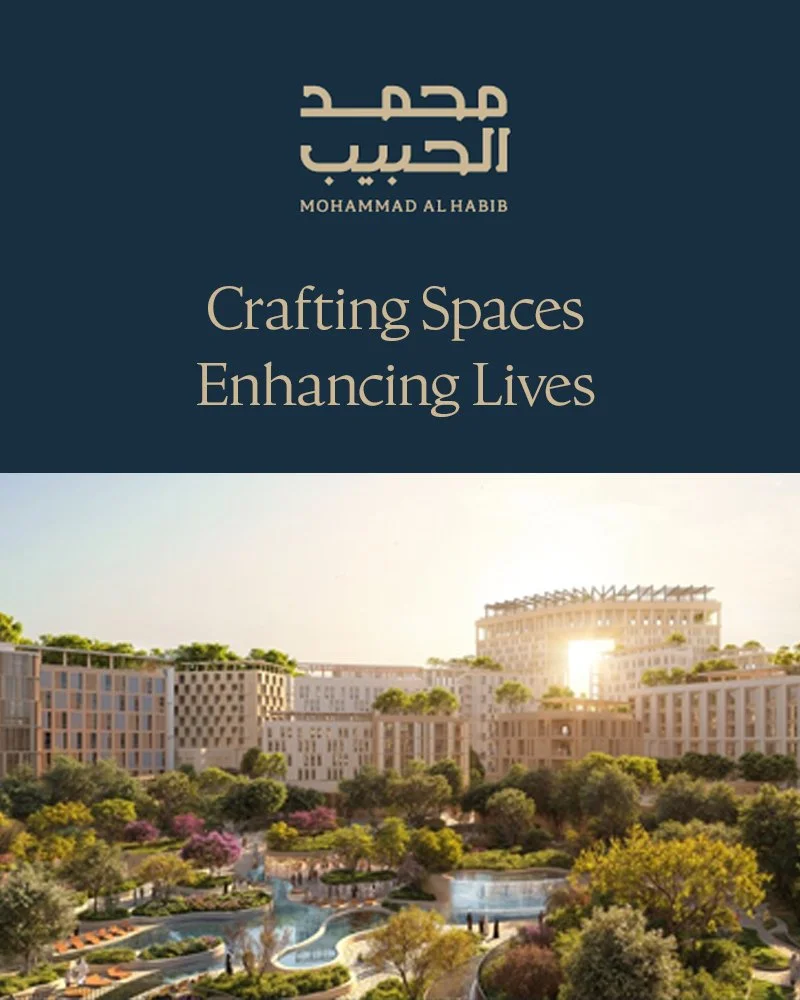Book cover titled 'Crafting Spaces Enhancing Lives' by Mohammad Al Habib, featuring a modern residential complex with lush landscaping and a pool area at sunset.
