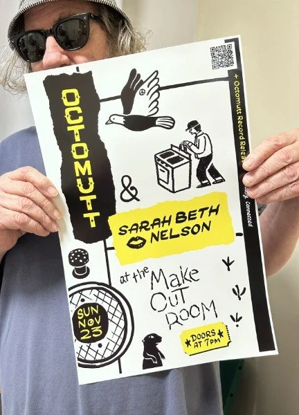 Weirdo holding a poster advertising a concert