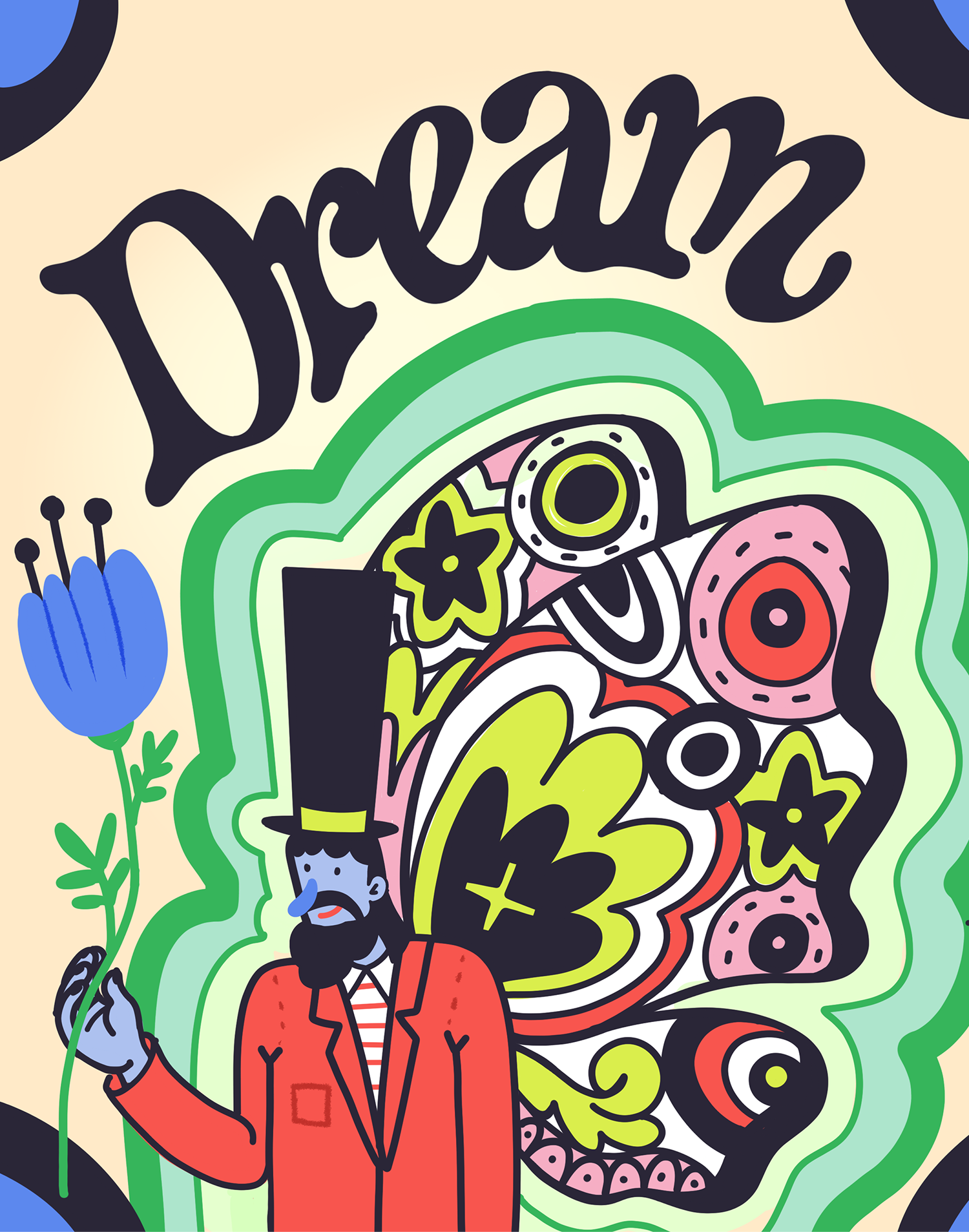 Cover idea for a picture book about a man who makes a string of bad choices and gets lost in a dream world. He has to follow the clues to get home in time for a very important tea with his family. 

An ode to my childhood love of The Yellow Submarine