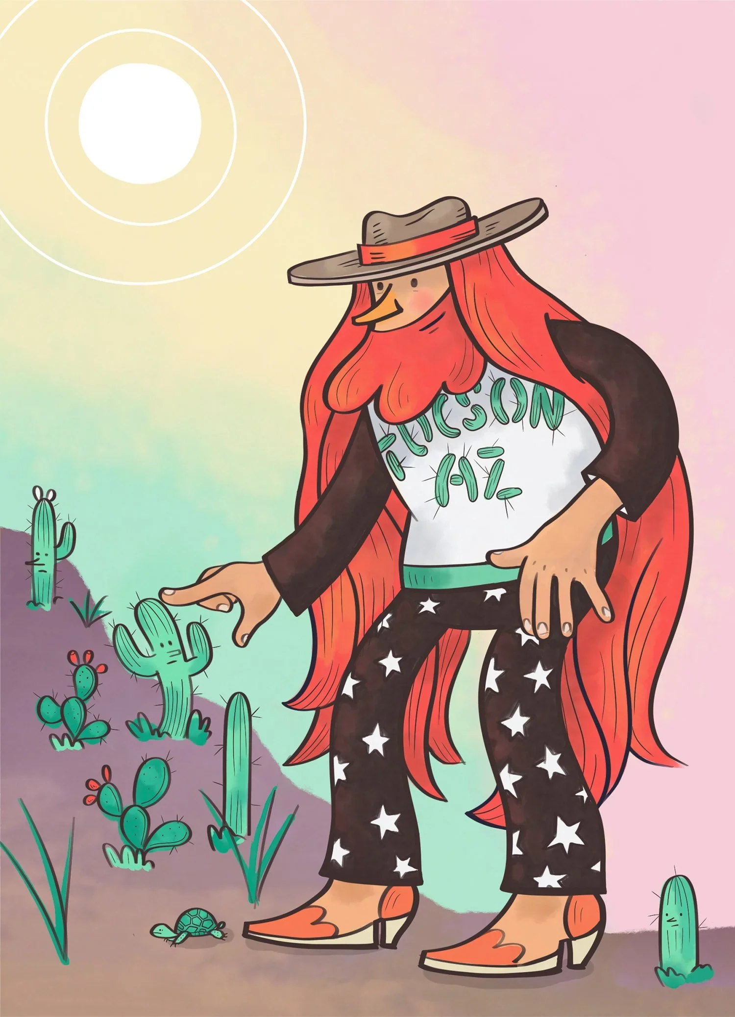 This “Transmundane Tuesday” prompt; “is a giant, has very long hair, is wearing a shirt with your towns name on it” has turned into a book proposal about a giant and a tortoise exploring the Sonoran Desert.  

Growing up there, I was always struck by