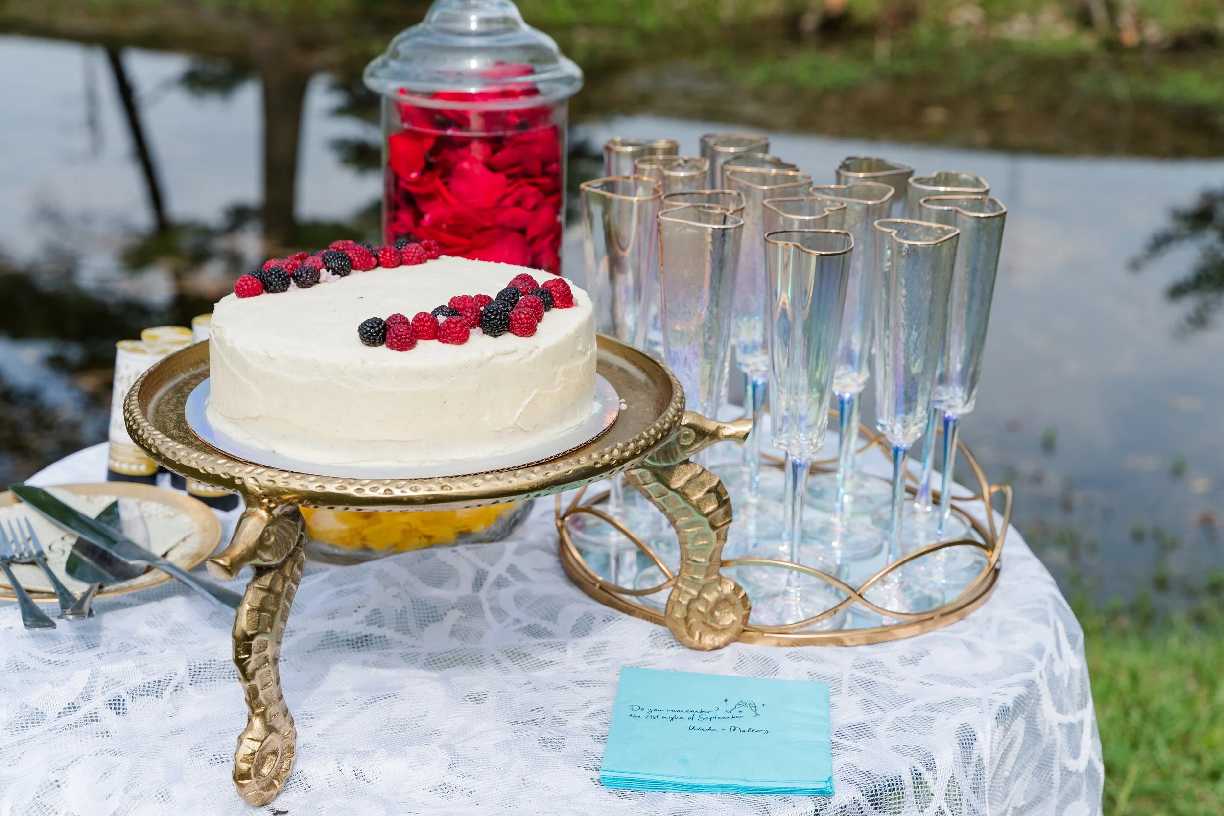 Triple berry cake baked for backyard wedding ceremony