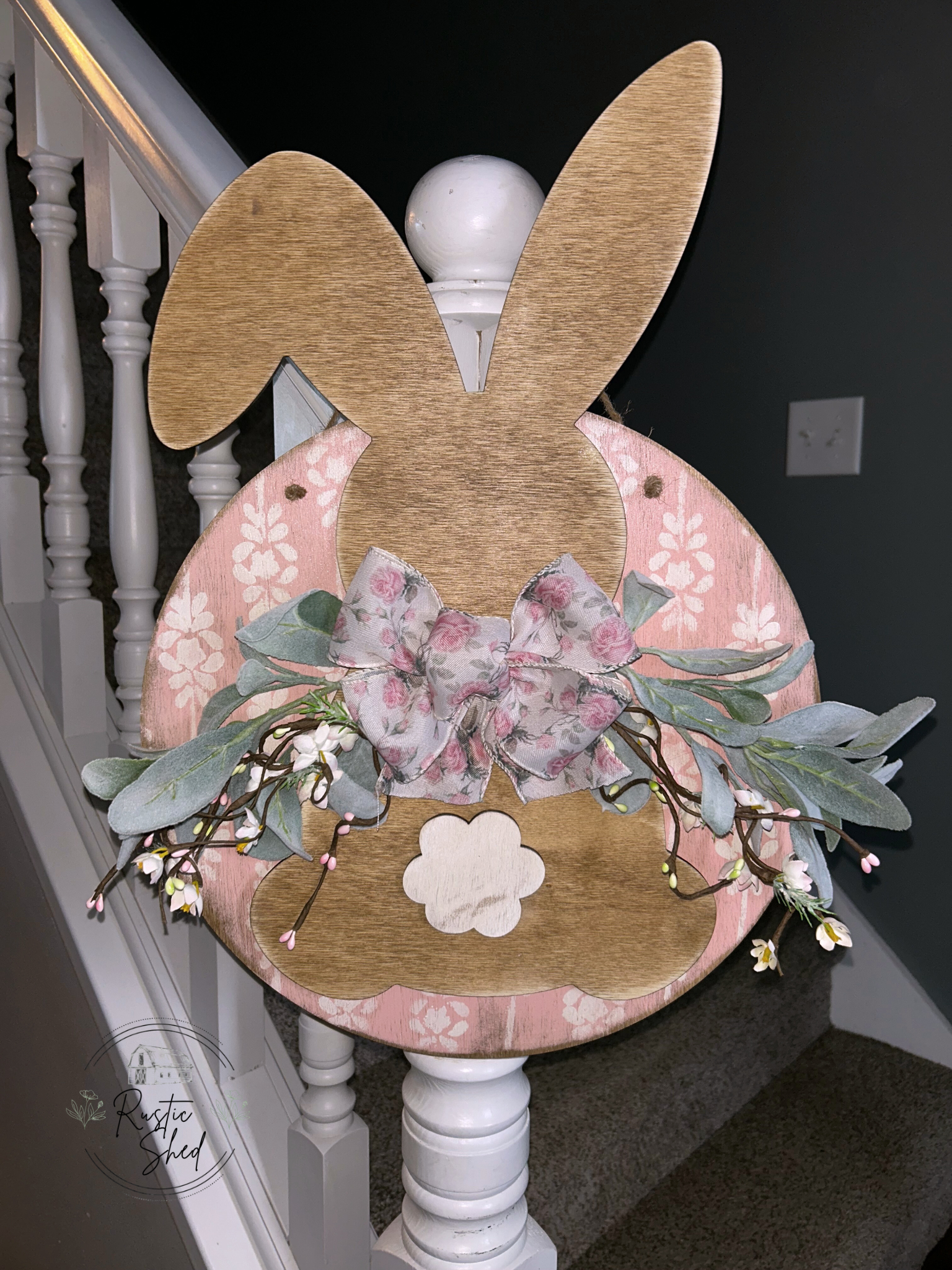 Easter Bunny Door Hanger - wooden with pink back & white flowers (15" x 20")