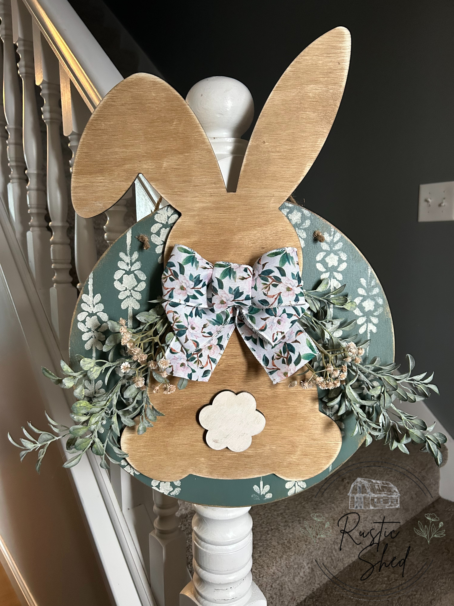 Easter Bunny Door Hanger - wooden with green back & white flowers (15" x 20")