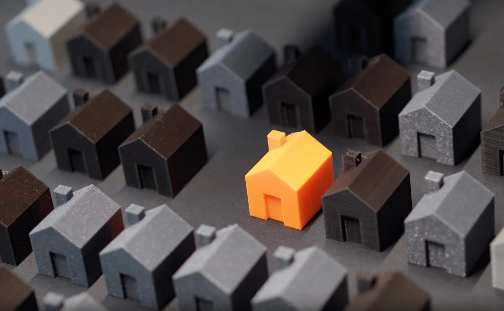 A collection of miniature houses in gray, brown, and black, with one bright orange house in the center.