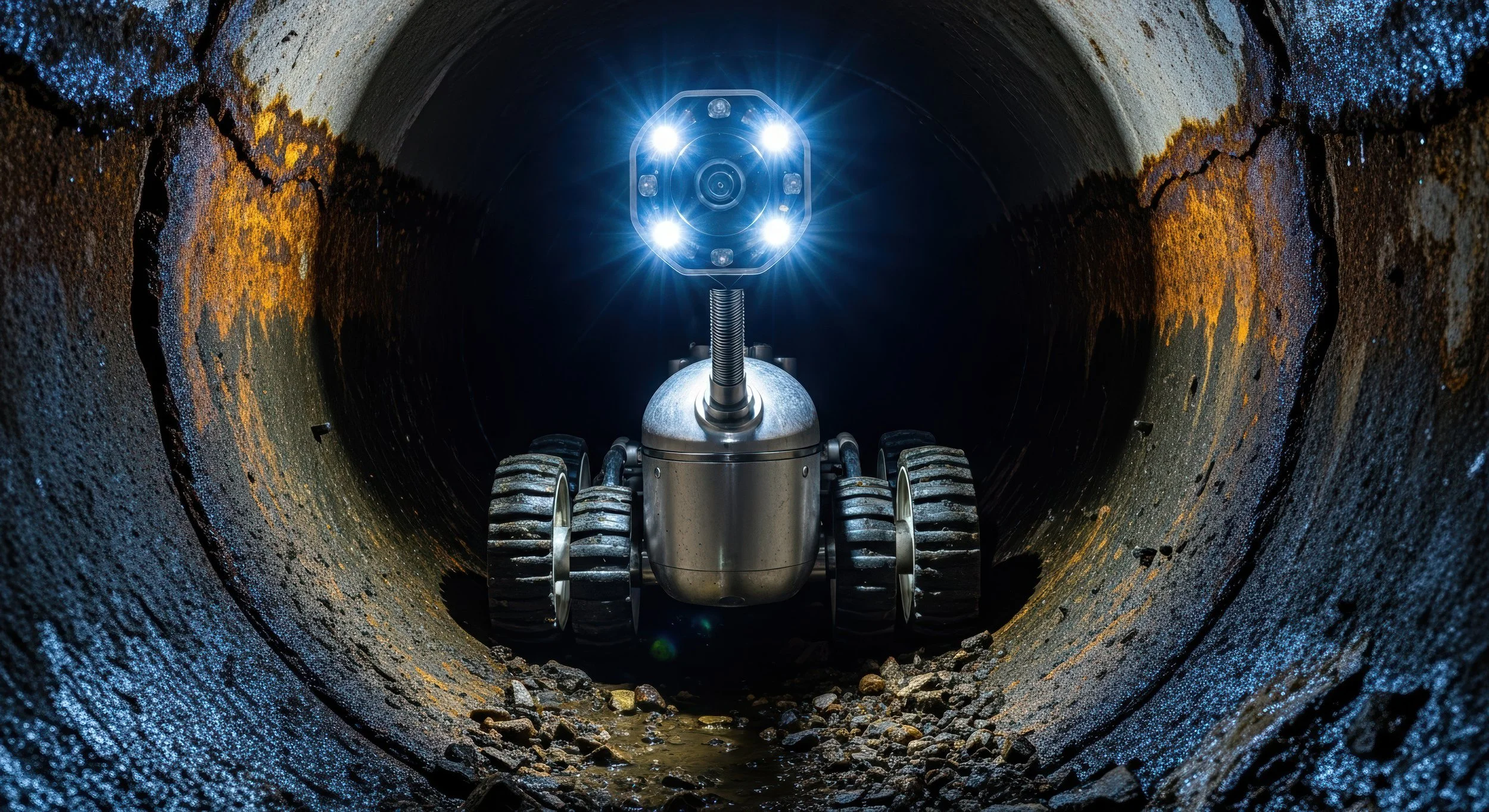 A robotic tunneling machine with bright lights working inside a large underground pipe, showing rusted, textured walls.