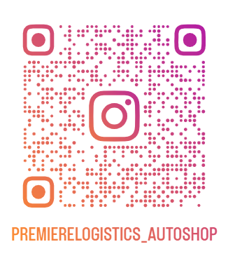 A colorful Instagram-themed QR code with the username 'PREMIERELOGISTICS_AUTOSHOP' written below in orange.