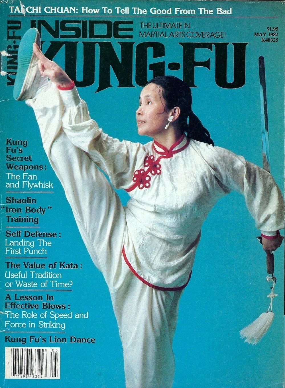 Magazine cover of "Inside Kung-Fu" May 1982 issue featuring a martial artist performing a high kick, with articles on Kung Fu's secret weapons, Shaolin training, self-defense, and the value of Kata.