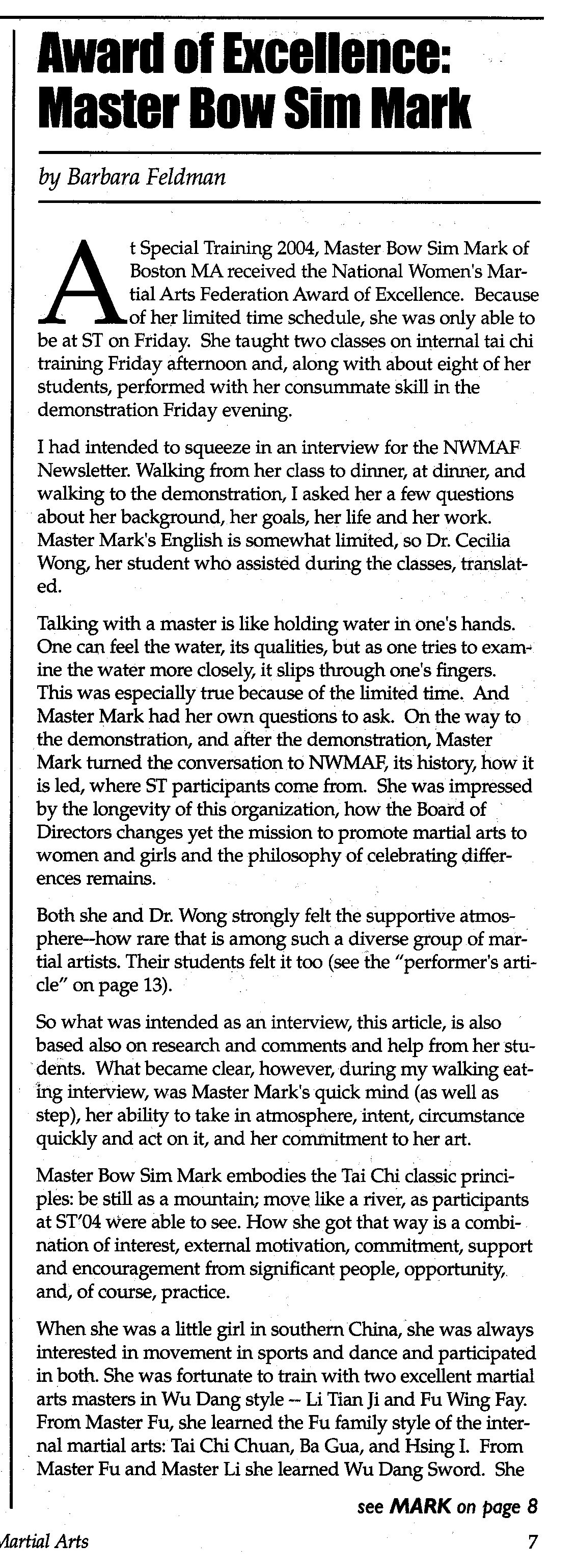 Magazine article titled "Award of Excellence: Master Bow Sim Mark" by Barbara Feldman. The text discusses Master Bow Sim Mark's recognition at the 2004 Special Training. It highlights her skills in teaching Tai Chi, her personal journey, and her achievements in martial arts. The article emphasizes her influence and dedication to Tai Chi, mentioning her background in Wu Dang style training in China. It also touches on her inspiring impact on her students and the martial arts community.