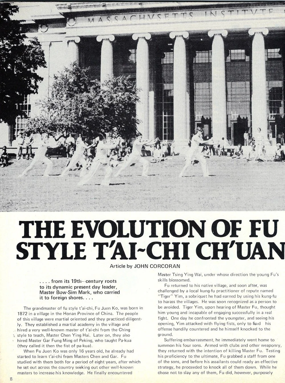 A black-and-white image shows people practicing T'ai Chi Ch'uan in front of the Massachusetts Institute of Technology building with columns, accompanied by an article titled 'The Evolution of Fu Style T'ai-Chi Ch'uan' by John Corcoran.