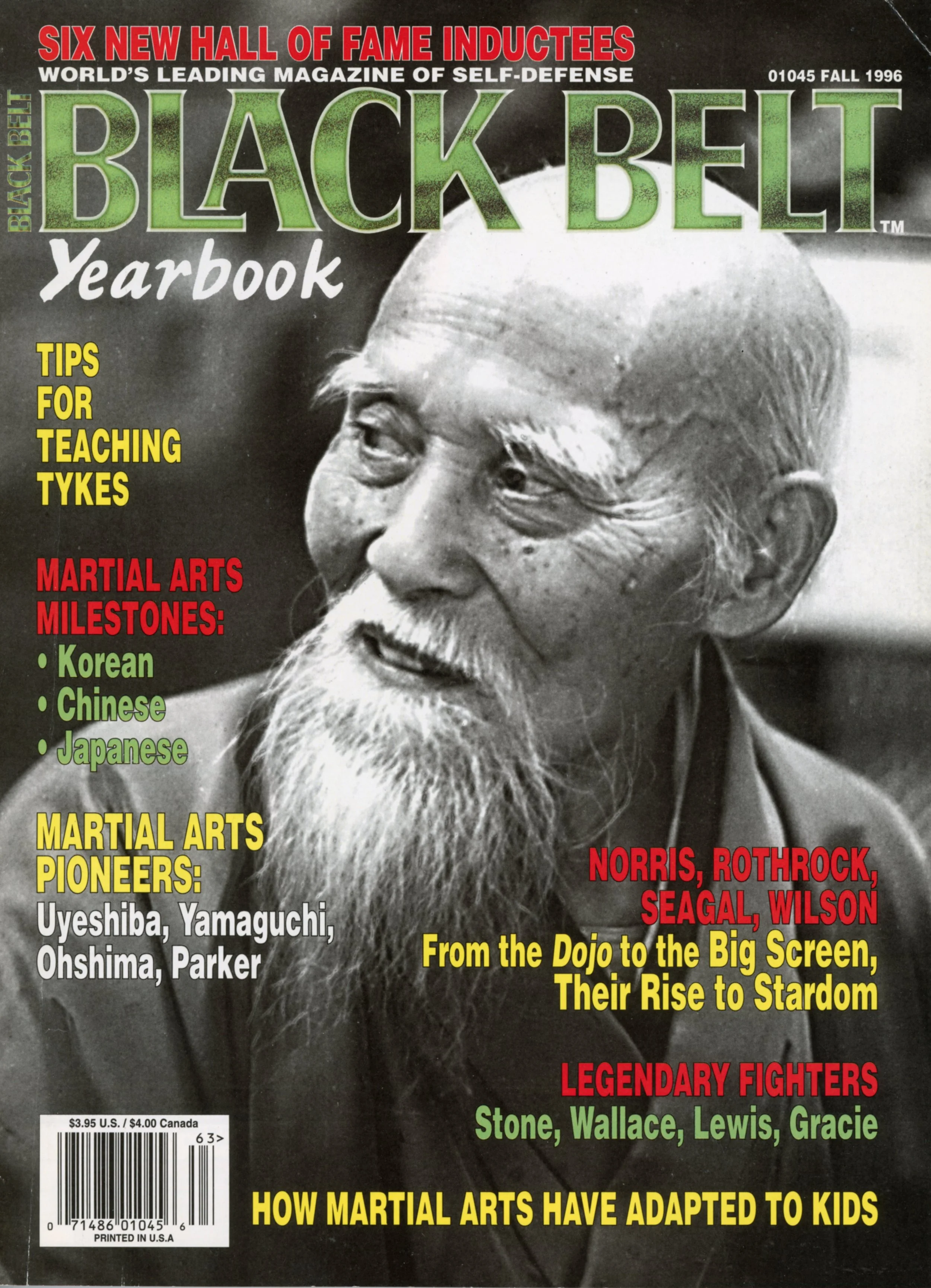 Magazines titled "Black Belt" showcasing martial arts, featuring a portrait of an elderly man with a long beard and text highlighting famous martial artists and their rise to stardom.