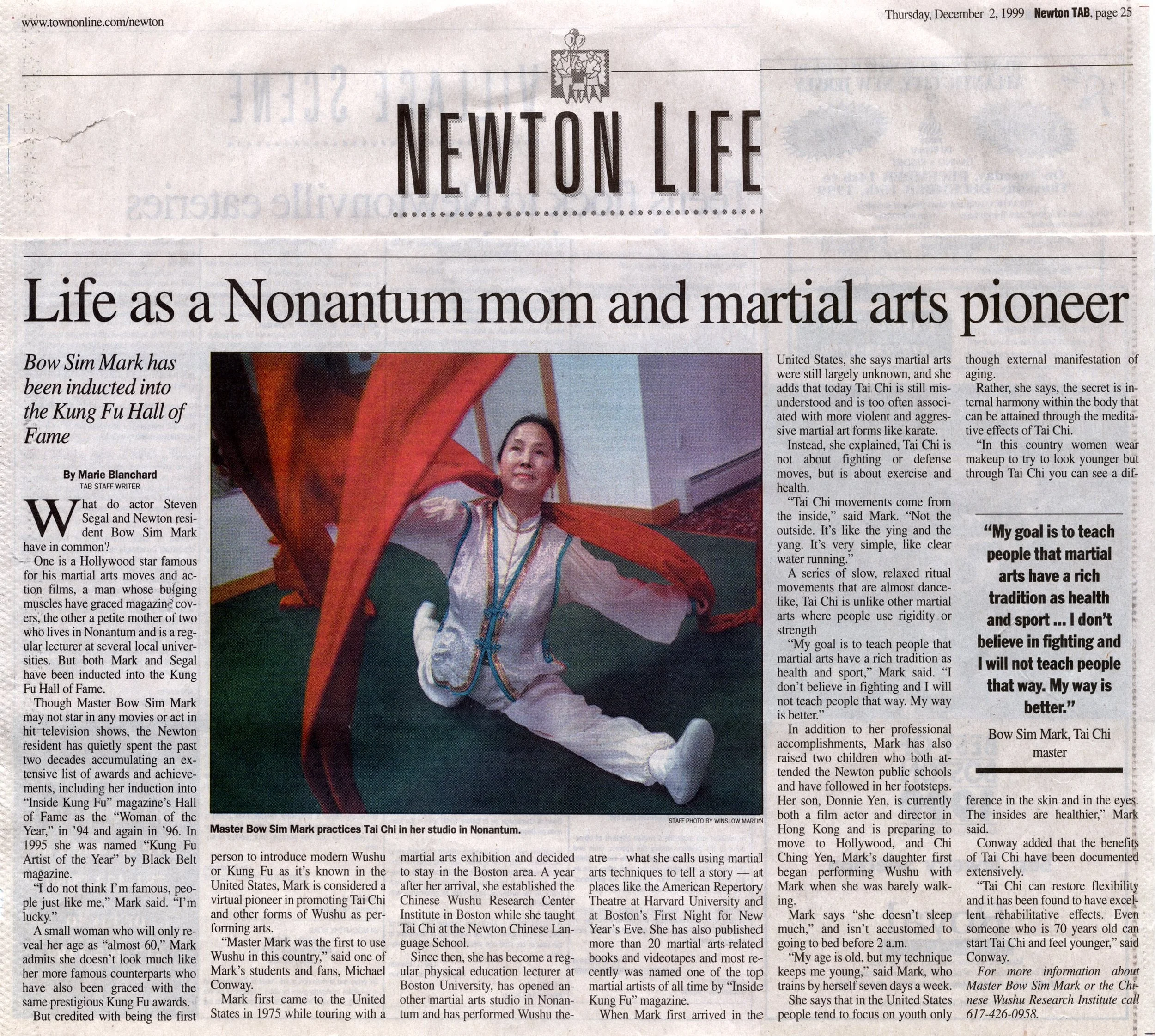 "life as a Nonantum mom and martial arts pioneer"