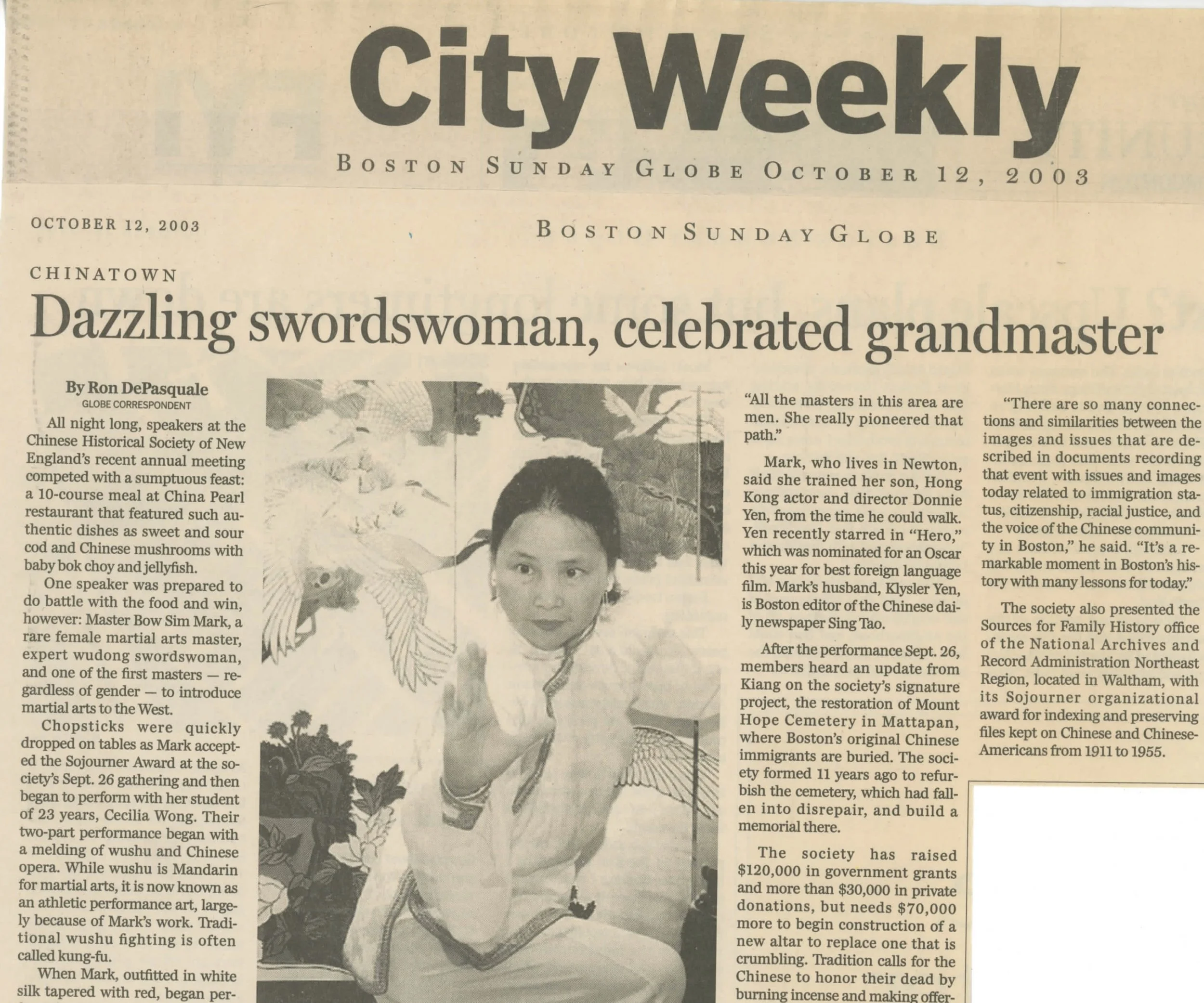 Boston Globe's City Weekly featuring Bow Sim Mark in "Dazzling Swordswoman"