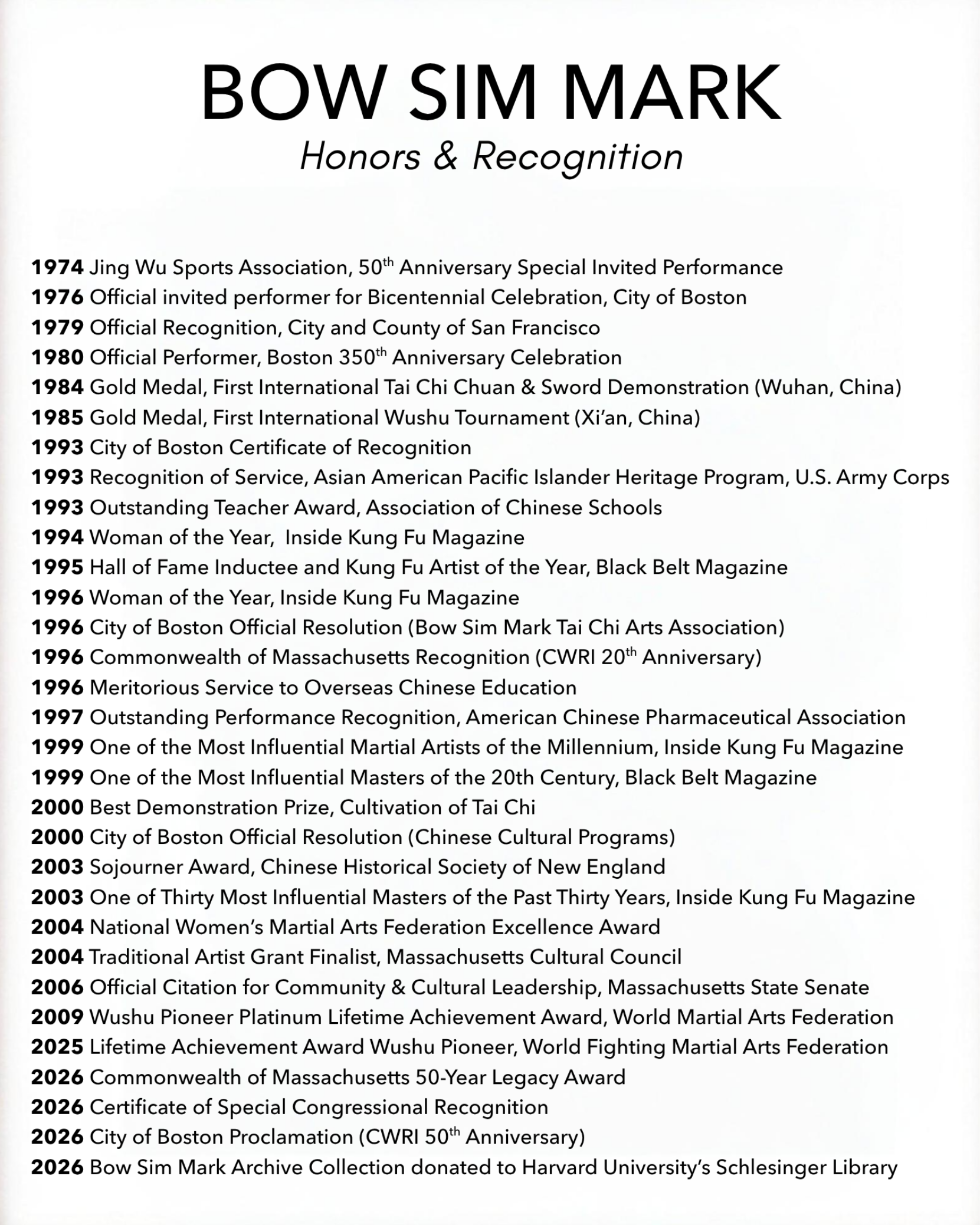 Bow Sim Mark honors and recognitions documenting awards and milestones from 1974 to 2026.