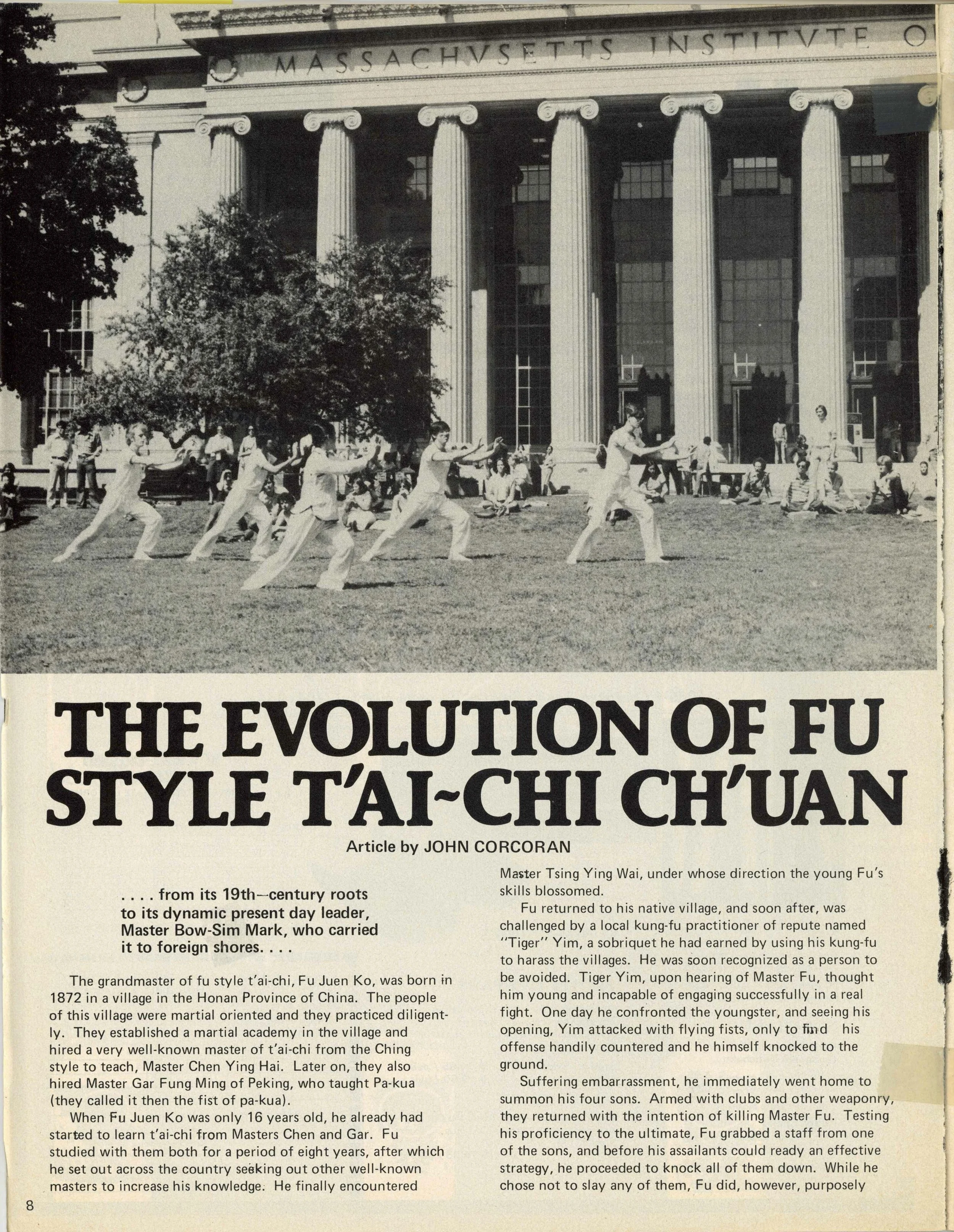A black-and-white image shows people practicing T'ai Chi Ch'uan in front of the Massachusetts Institute of Technology building with columns, accompanied by an article titled 'The Evolution of Fu Style T'ai-Chi Ch'uan' by John Corcoran.