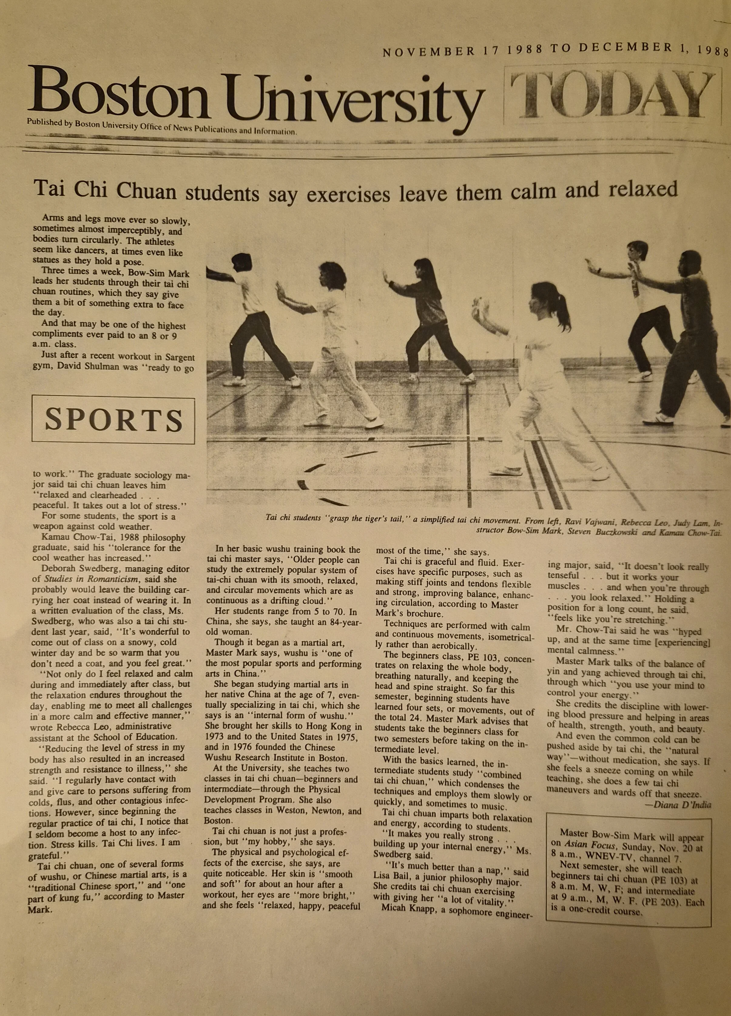 Bow Sim Mark's taches Tai Chi students as an accredited course in Boston University
