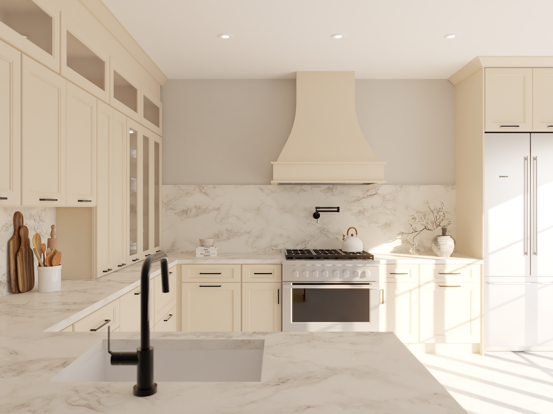Bright kitchen with beige cabinets, marble countertops, white appliances, and a black faucet at the sink.
