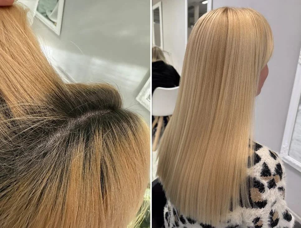 Plaukų dažymo ir gydymo rezultatas: nuotraukos „Prieš“ ir „Po“ (šaknų dažymas ir tiesinimas).