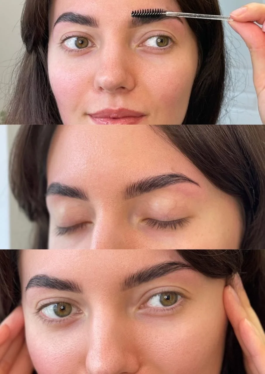 Antakiu dazymas ir korekcija, laminavimas tamsiaplaukei merginai grozio salone Evija Beauty Vilniuje 